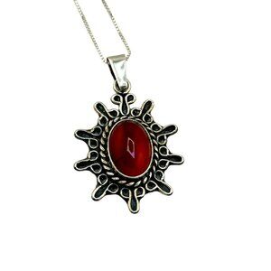 Sterling Silver CII Mex Carnielian Starburst Pendant Necklace Southwestern Ethni